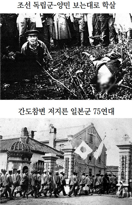 1920년 경신참변(간도대학살) 당시 일본군에게 살해당할 위기에 놓인 두 양민(위 사진). 1920년 봉오동 전투에서 대패한 
일본군 19사단 보병 75연대의 사진첩에 담긴 것으로 처음 공개됐다. 아래 사진은 일장기를 들고 부대로 들어가는 75연대 병사들.
 김재홍 규암김약연기념사업회 사무총장 제공