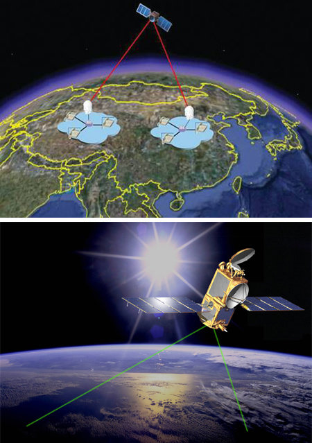 중국이 6월 발사할 계획인 ‘양자통신실험위성(QUESS)’ 개념도(맨 위). 무선 양자통신용 실험위성을 발사하는 건 중국이 세계에서 처음이다. 미국항공우주국(NASA)은 ‘제이슨 2호’ 등 위성 5기를 양자통신에 활용하고 있는
것으로 알려졌다(오른쪽). 중국 국립우주과학센터(NSSC)·미국항공우주국(NASA) 제공