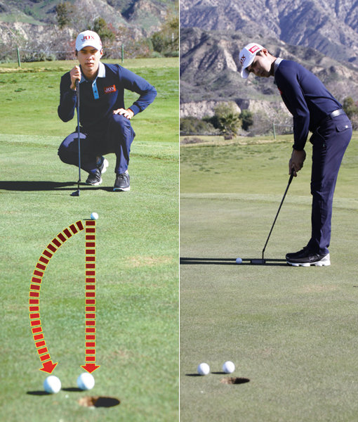 퍼팅 전 공이 어떻게 굴러가서 홀 안으로 떨어질지 상상해보자. 그림처럼 여러 방법이 있다(왼쪽사진).1~2m의 짧은 거리에서는 홀 중앙을 노리는 것이 안전하고, 3m 이상 거리가 멀어질수록 공이 경사를 타고 홀 안으로 살짝 떨어지게 퍼팅하면 실수를 줄일 수 있다.