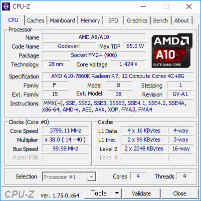 CPU-Z로 확인한 A10-7860K의 정보 (출처=동아닷컴)
