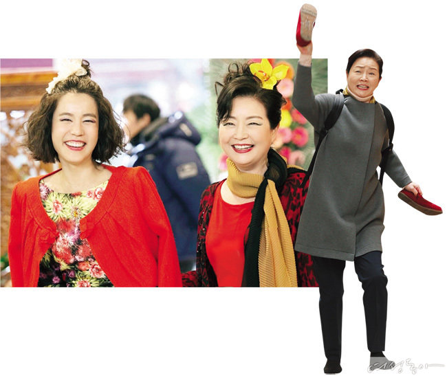 MBC 새 주말극 〈가화만사성〉에서 며느리 역의 김지호와 촌티 고부로 변신한 원미경. 그녀는 이 작품에서 유쾌하고 억척스러운 주부 역을 맡았다.