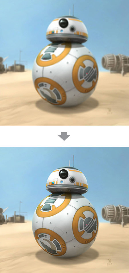 영화 ‘스타워즈’에 등장하는 로봇 ‘BB-8’. 인공신경망을 이용한 화질 개선 알고리즘을 흐릿한 사진(위쪽)에 적용하자 색이 선명하고 선이 뚜렷한 고화질 사진으로 바뀌었다. 김지원 서울대 연구원 제공