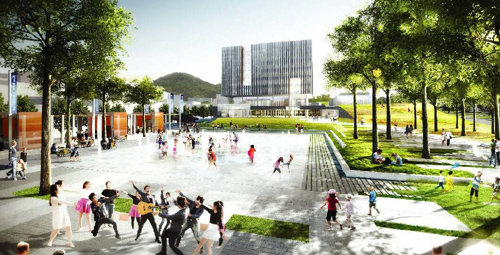 강원 춘천시 신청사 투시도. 2018년 상반기까지 현 청사 터에 신축된다. 신청사는 울타리가 없는 완전 개방 공간으로 조성되고 청사 앞에는 시민들을 위한 대형 시민광장이 만들어진다. 춘천시 제공