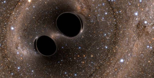 중력파는 두 개의 블랙홀이 충돌해 합쳐지는 과정에서 검출됐다. 이 중력파를 측정하려면 100경분의 1m의 변화를 감지하는 측정장치가 필요하다. 100경은 1에 이어 0을 18개 쓴 숫자다. 사진은 블랙홀이 충돌해 합쳐지기 직전의 모습을 컴퓨터로 시뮬레이션한 모습. 사진 출처 LIGO Caltech
