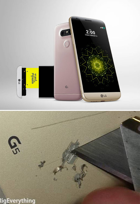 LG전자가 지난달 31일 선보인 ‘LG G5’(맨위쪽). 칼로 표면을 긁자 도료가 벗겨지는 영상(아래쪽)이 퍼지면서 메탈 진위 논란에 휩싸였다. LG전자 제공