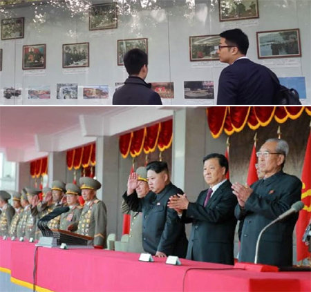 주중 北대사관, 게시판서 ‘北-中우호’ 사진 빼 12일 중국 베이징 주중 북한대사관 앞에 설치된 선전용 홍보게시판을 행인들이 살펴보고 있다. 북한은 최근 이 게시판에서 지난해 
10월 북한 노동당 창건 70주년 기념식에 참석했던 류윈산 중국 정치국 상무위원의 사진(아래 사진)을 빼고, 2월 7일 발사한 
‘지구관측위성 광명성 4호’와 열병식에 등장한 대륙간탄도미사일(ICBM) KN-08 사진 등을 추가했다. 베이징=구자룡 특파원 bonhong@donga.com