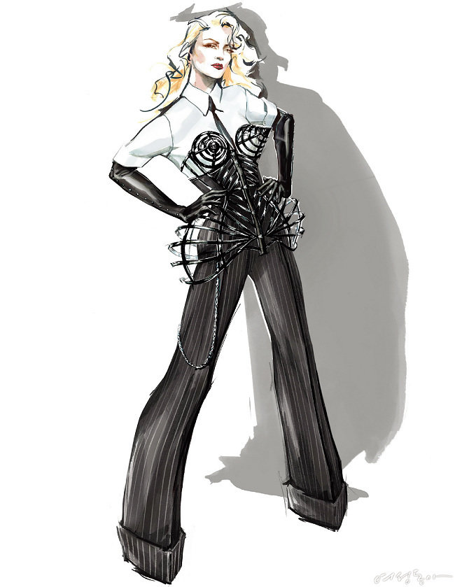 장 폴 고티에가 그의 뮤즈 마돈나를 스케치한 작품. 두 사람의 콜래보레이션으로 탄생한 원추형 브라 코르셋을 착용하고 있다. ?Jean Paul Gaultier