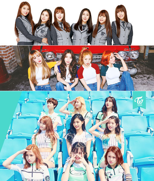 걸그룹 여자친구-마마무-트와이스(맨 위쪽부터). 사진제공｜쏘스뮤직·RBW·JYP엔터테인먼트