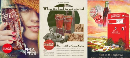 올해 새로 발표된 코카콜라의 슬로건(왼쪽)은 콜라의 짜릿한 맛 덕분에 소소한 일상이 특별해진다는 뜻을 담고 있다. 1929년 대공황 당시 발표된 광고(가운데)에는 어려운 경제상황을 함께 이겨내자는 내용이, 1950년대 자동차 전성시대에는 고속도로 자판기에서도 코카콜라를 찾을 수 있다는 메시지가 담겼다. 코카콜라 제공