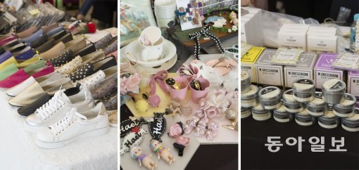 신발과 유아용품, 양초 등 바자회에서 판매된 상품들. 사진/ 지호영 기자