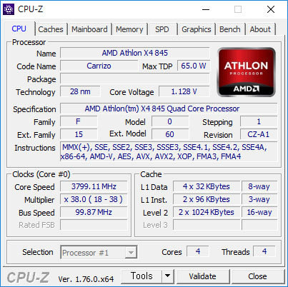 CPU-Z를 통해 살펴본 AMD 애슬론 X4 845 (출처=IT동아)
