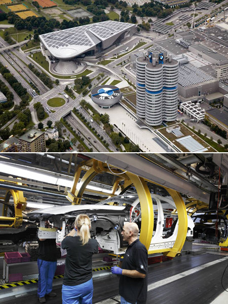 독일 바이에른 주 뮌헨 올림픽공원 인근에 BMW그룹 본사, 공장, 박물관, 복합 전시공간 벨트가 모여 있다(맨위쪽 사진). BMW 
본사는 4기통 엔진을 형상화한 고층 건물이다. 본사 뒤편에 자리 잡은 공장에서는 직원 9000명이 연간 20만 대의 완성차를 
생산한다(맨아래쪽 사진). BMW그룹 제공