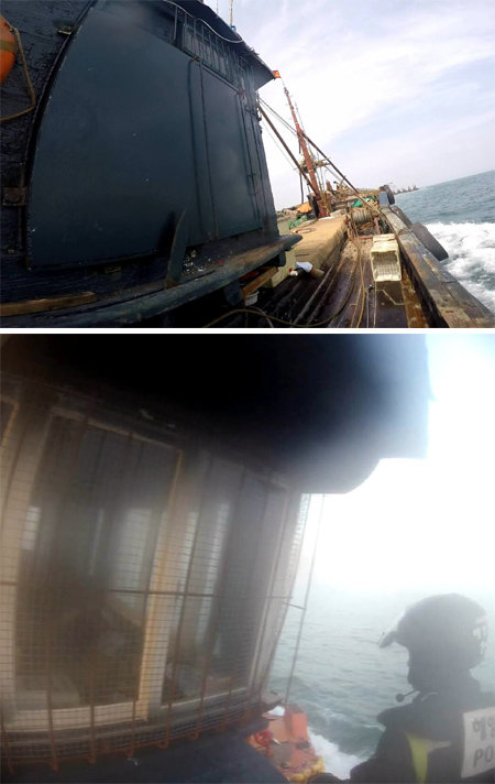 지난달 29일 인천 연평도 해역에서 불법 조업 중 한국 해경에 나포된 중국 어선. 조타실 유리창에는 촘촘한 쇠창살이, 양쪽 출입문에는 두꺼운 철판이 덮여 있다. 인천해양경비안전서 제공