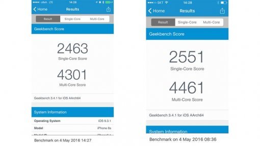 긱벤치 결과 (좌 : 아이폰 6s, 우 : 아이폰 SE)