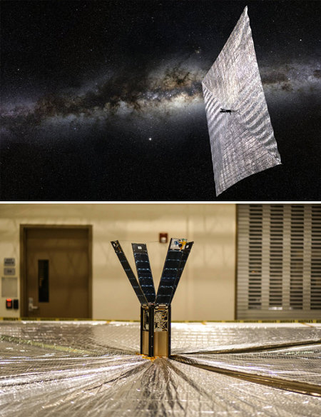 미국 행성협회가 개발 중인 우주 돛단배 ‘라이트세일 2’ 상상도. 라이트세일 2는 우주에 진입한 뒤 접혀 있던 삼각형 돛 4개를 연 모양으로 펼친 뒤 태양풍을 동력 삼아 심우주 탐사를 진행할 예정이다(맨위 사진). 돛을 매달고 있는 초소형 인공위성(아래 사진). 미국 행성협회 제공