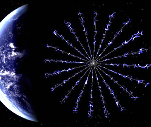 미국항공우주국(NASA)이 개발 중인 새로운 우주 돛단배 ‘E-세일’. 가늘고 긴 와이어가 원형을 이루며 돛 역할을 한다. 양극을 띤 돛은 태양에서 날아오는 양성자를 튕겨내면서 그 반작용으로 탐사선을 움직이도록 설계됐다. NASA 제공