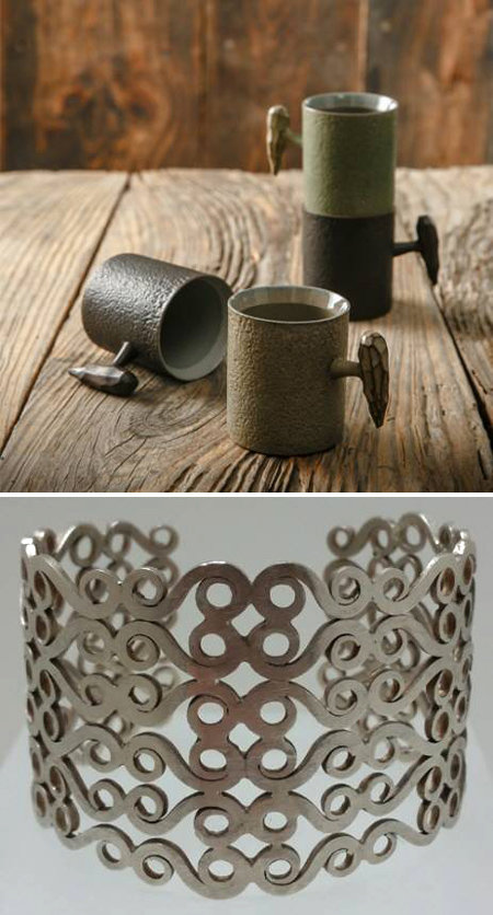 기계로 찍어낸 상품이 아닌, 사람 ‘손맛’이 느껴지는 공예 제품을 찾는 소비자가 늘고 있다. 위부터 도예작가 김석응 씨의 컵, 금속공예 작가 전경아씨의 팔찌. 마이마스터즈 제공