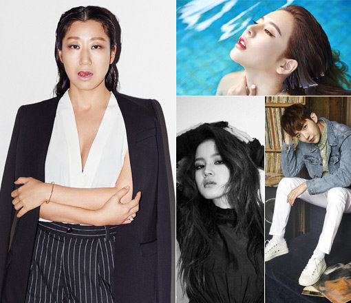 배우 라미란·소녀시대 써니·2AM 조권·가수 이하이(맨 왼쪽부터 시계방향으로). 사진｜엘르·슈어·JYP엔터테인먼트·이하이 인스타그램