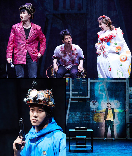 2003년 개봉한 동명의 영화가 원작인 ‘지구를 지켜라’는 범우주적코믹납치극을 표방한 독특한 연극이다. 웃음과 진지함의 절묘한 줄타기를 보여준 병구 역의 정원영(왼쪽 아래)과 순이 역을 맡아 망가지는 연기를 선보인 함연지(맨 위쪽 사진).사진제공｜PAGE1