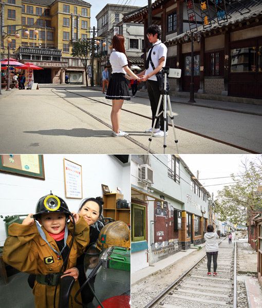 (맨 위쪽부터 시계방향으로)합천영상테마파크에서 교복을 입고 기념사진을 찍는 관광객. 도시 전체가 근대사박물관이라고 해도 과언이 아닌 군산의 경암동 철길마을. ‘태양의 후예’ 촬영지로 유명해진 정선 삼탄아트마인에서 광부체험을 하는 어린이. 사진제공｜한국관광공사