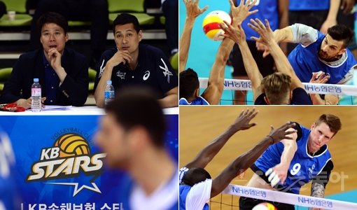 2016~2017시즌 프로배구 V리그 남자부 외국인선수 트라이아웃 첫째 날 일정이 11일 인천 송림체육관에서 진행됐다. (왼쪽 큰 사진부터 시계방향으로)선수들의 연습경기를 지켜보는 KB손해보험 강성형 감독(왼쪽)과 연습경기에서 관심을 끈 슬로바키아 출신 미차 가스파리니(뒤), 헝가리 출신 아르파드 바로티. 인천｜김민성 기자 marineboy@donga.com