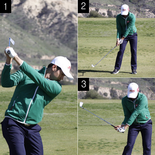 1. 백스윙 톱에서 다운스윙이 시작되는 동작이다. 손이 먼저가 아니라 팔로 스윙을 리드해야 한다. 2. 손목이 먼저 풀리면서 다운스윙되면 제대로 힘을 낼 수 없게 되고, 정확성도 떨어지는 단점이 생긴다. 3. 왼쪽 무릎을 타깃 방향으로 살짝 밀어주면서 다운스윙하면 클럽이 자연스럽게 인-아웃의 궤도를 따라 움직여 스윙스피드를 높이는 효과가 있다.