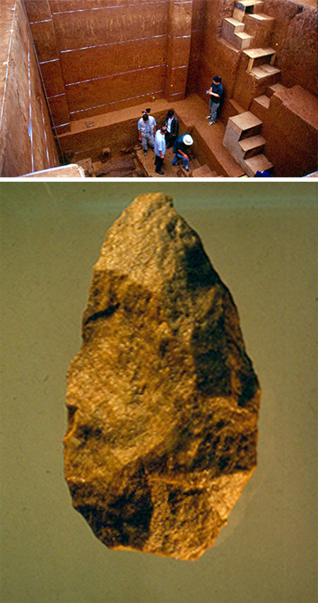 1980년대 경기 연천군 전곡리 유적 발굴 당시 모습(위 사진). 여기서 출토된 아슐리안형 주먹도끼(아래 사진)는 양쪽 면을 갈아 두 손을 모은 듯한 모양이다. 배기동 교수 제공