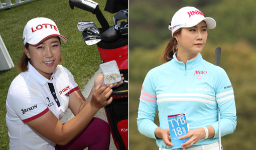 골프백 안에 보관한 묵주를 꺼내 보여주고 있는 김해림(왼쪽 사진). 이 묵주는 어머니가 신부에게 선물 받은 교황의 묵주이다. 김하늘에게는 6년 전 팬클럽으로부터 선물받은 귀걸이가 행운의 보물이다. 최종 라운드 때면 이 귀걸이를 한 김하늘을 볼 수 있다. 사진제공｜KLPGA·르꼬끄골프