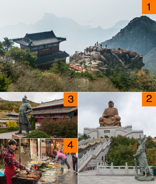 1. 태산 남천문서 이어지는 천가의 홍덕루. 깎아지른 절벽 위에 우뚝 서 있다. 2. 웨이하이 적산법화원의 거대한 해신상. 웨이하이 앞바다를 준엄하게 응시하고 있다. 3. 적산법화원에 자리잡은 장보고기념관. 4. 칭다오 전통음식시장인 ‘피차이위엔거리’. 사진제공｜중국 산둥성 여유국