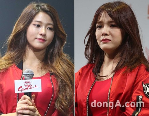 16일 서울 광진구에서 AOA 컴백 쇼케이스가 열린 가운데 멥버 설현과 지민(오른쪽)이 부족한 역사지식으로 논란을 일으킨 것에 대해 눈물을 흘리며 사과하고 있다. 동아닷컴 국경원 기자 onecut@donga.com