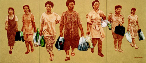 정정엽 작가의 유채화 ‘식사준비’(1995년). 비닐봉지를 들고 시장 밖으로 뿔뿔이 빠져나오는 여성들의 모습을 생생하게 묘사했다. 정 씨는 한국 사회에서 여성이 처한 현실과 노동 문제를 주제 삼아 녹두, 완두, 붉은 팥을 재료로 독특한 이미지를 선보여 왔다. 서울시립미술관 제공
