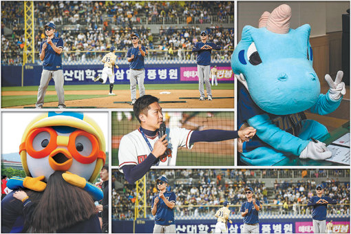 NC는 지역 밀착 마케팅에 누구보다 심혈을 기울이고 있다. 임태현 NC 응원단장(가운데)이 연고지 마산용마고의 응원을 도운 것과 마스코트 단디(우측 상단)의 연봉협상, 만화 캐릭터 뽀로로(좌측 하단)의 지역 초등학교 체육대회 파견 등도 지역 밀착 마케팅의 일환이다. 사진제공｜NC 다이노스