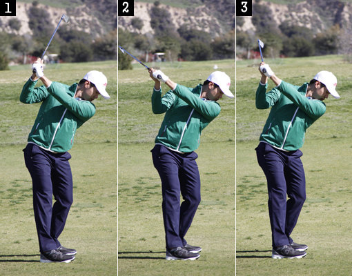 1. 오른 팔꿈치가 많이 벌어진 상태로 백스윙이 진행되면 왼손목이 꺾이면서 상체의 회전을 방해한다. 백스윙 톱에서 손이 높게 올라가 있으면 다운스윙 때 클럽이 가파른 각도로 내려와 깎아 치는 실수를 하게 된다. 2. 오른 팔꿈치를 몸에 바짝 붙여서 스윙하는 경우엔 손이 등 뒤쪽으로 회전하면서 다운스윙 때 밋밋한 궤도를 만들어 강한 임팩트는 만들지 못한다. 3. 왼팔은 곧게 펴 일직선을 유지하고 오른팔은 직각으로 구부려야 균형 잡힌 백스윙 톱을 만들 수 있다. 이렇게 백스윙이 만들어지면 스윙스피드를 최대한 끌어올릴 수 있다.