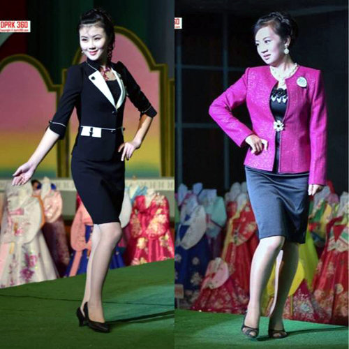 2014년 평양에서 열린 제12회 전국조선옷전시회(패션쇼)에 참가한 북한 모델들이 1000여 명의 청중 앞에서 다양한 패션을 선보이고 있다. 사진 출처 아람판 홈페이지