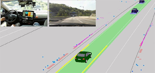 서울대가 개발한 자율주행차가 차간 거리 측정 레이더, 차로 유지 카메라 등을 탑재하고 고속도로에서 스스로 운전하고 있다. 서울대 기계항공공학부 제공