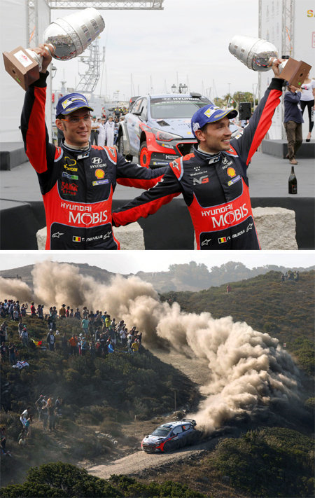 월드랠리챔피언십(WRC) 6차전인 이탈리아 랠리에서 우승한 현대자동차 월드랠리팀 드라이버 티에리 누빌 선수(왼쪽 사진 왼쪽)와 
보조 드라이버 니콜라스 질술 선수가 12일(현지 시간) 우승 트로피를 들어올리고 있다. 오른쪽 사진은 현대차 신형 ‘i20 
랠리카’의 주행 모습. 현대자동차 제공