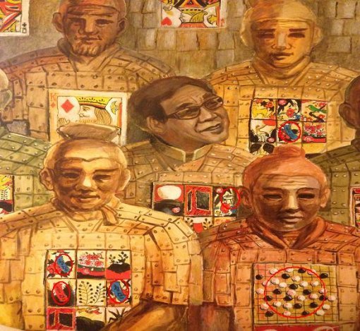 조영남 씨가 판매한 ‘병마용갱’. 대작화가가 대부분을 그렸고 조 씨는 바둑판과 화투 비광의 우산을 그려 넣었다. 또 청단, 홍단 등의 글자를 수정했다.  춘천지검 속초지청 제공