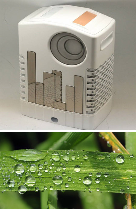 특수 나노 소자로 만든 고효율 제습기의 모습(위). 물방울이 맺히면 즉시 흘러내리는 벼 잎의 돌기구조(아래)를 흉내 냈다. 물방을 제거가 빨라져 제습 효과가 뛰어나고 전기 사용량도 줄일 수 있다. 한국기계연구원·위키미디어 제공