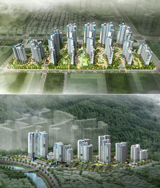 래미안 명일역 솔베뉴-북한산 두산위브(아래)