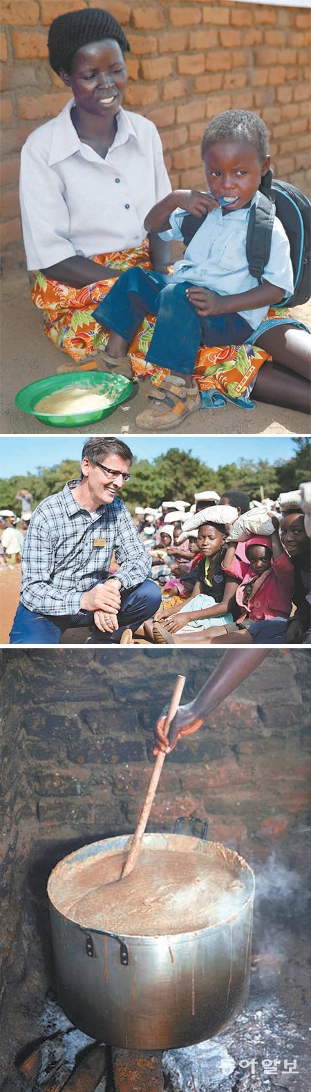 카치판다 지역 아동보육센터에서 바이타밀을 먹고 있는 어린이(맨위쪽 사진), 스티브 런드 뉴스킨 회장(가운데), 바이타밀을 만드는 과정(맨아래쪽 사진).