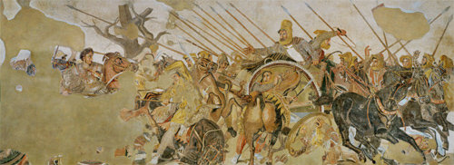 폼페이의 저택 중 하나인 ‘목신의 집’ 응접실 바닥을 장식한 ‘알렉산드로스 모자이크’. 알렉산더 대왕과 페르시아 다리우스 왕의 전투 장면을 묘사했다.