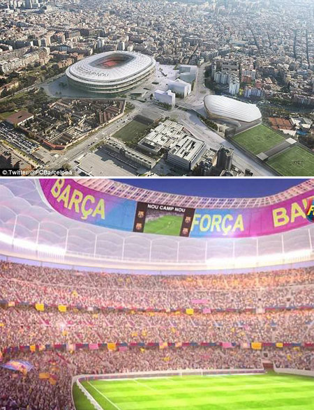 스페인 프로축구 FC바르셀로나가 공개한 캄프누의 조감도(위쪽)와 경기장 내부 사진. FC바르셀로나 트위터
