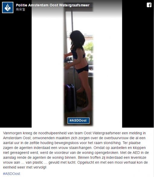 네덜란드 암스테르담 경찰이 페이스북에 올린 섹스돌 관련 게시물.