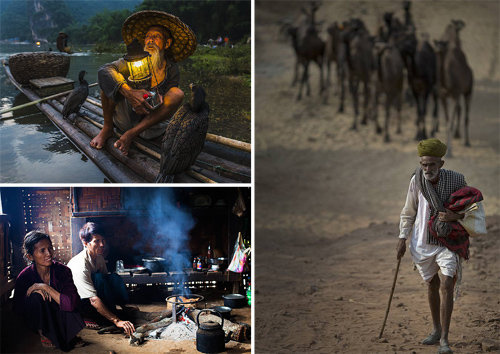 신제섭 씨에게 사진이란 ‘잃어버린 순간’을 담아내려는 작업이다. 신 씨는 오지 원주민들의 삶을 통해 참된 인생의 의미를 찾아내려 한다고 말한다. 중국 구이린에서 가마우지를 이용해 물고기를 잡는 할아버지(왼쪽 위). 미얀마의 소수민족인 샨족(왼쪽 아래). 인도 푸시카르 지역의 낙타 매매시장에서 낙타를 못 팔아 낙심한 채 집으로 돌아가는 할아버지(오른쪽). 신제섭 씨 제공