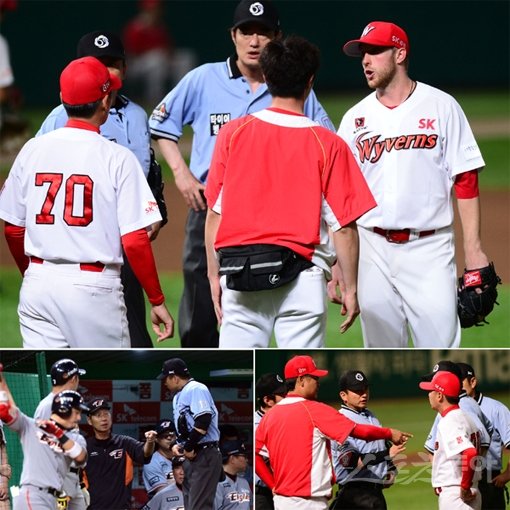 7일 인천SK행복드림구장에서 열린 한화전 8회초를 앞두고 SK 선발 메릴 켈리가 돌연 햄스트링 부상을 호소하고 강판을 요청했다. 그러나 심판진이 투수교체에 관해 양해를 해주지 않으면서 켈리는 그대로 던져야 했고, 대역전의 빌미를 제공했다. 문학｜김민성 기자 marineboy@donga.com