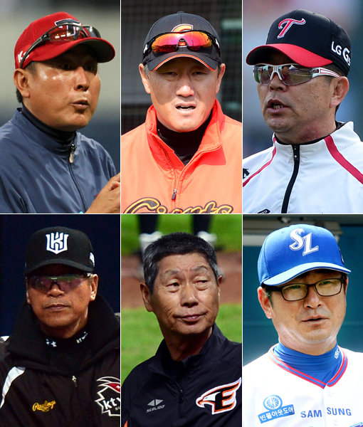 KIA 김기태 감독-롯데 조원우 감독-LG 양상문 감독-삼성 류중일 감독-한화 김성근 감독-kt 조범현 감독(왼쪽 상단부터 시계방향으로). 사진｜스포츠동아DB·스포츠코리아