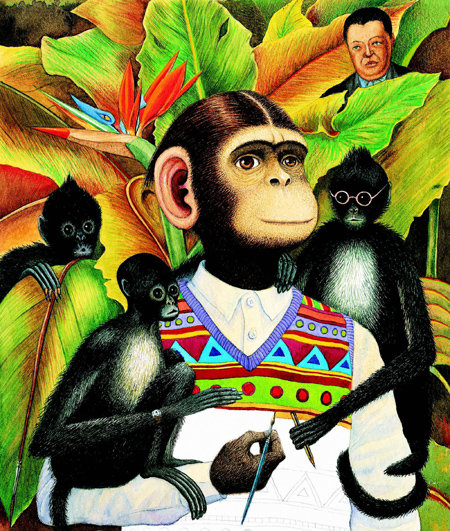 앤서니 브라운 씨의 ‘원숭이와 함께 있는 자화상’. 프리다 칼로의 자화상을 패러디했다. ⓒAnthony Browne