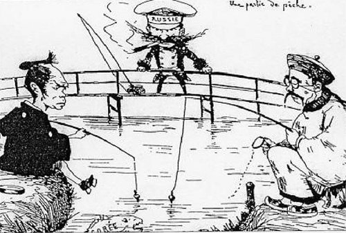 조선이라는 물고기를 둘러싸고 중국 일본 러시아가 각축전을 벌이는 모습을 묘사한 19세기 말 서양 언론의 삽화.