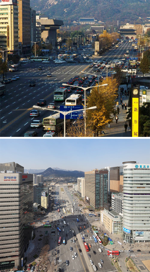서울 종로구 세종대로 광화문광장 주변의 변화된 모습. 위 사진은 탁 트인 1994년, 아래 사진은 고층 빌딩이 빽빽하게 들어선 2014년 모습이다. 서울시 제공
