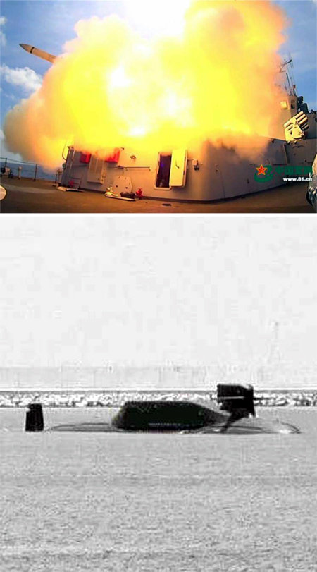 남중국해에 최신 잠수함 中, 무력시위 수위 높여 남중국해의 한 잠수함 기지에 모습을 드러낸
 중국의 신형 094형 진(晉)급 핵잠수함(아래 사진). 이 핵잠수함에는 미 본토를 타격할 수 있는 사거리 1만2000km의 
‘쥐랑(巨浪·JL)-3’ 탄도미사일이 탑재된 것으로 알려졌다. 위 사진은 남중국해에서 훈련 중인 중국 해군 구축함에서 미사일이 
발사되는 모습이다. 중국 인민해방군의 인터넷매체 중국쥔왕은 12일 이 사진을 공개했다. 사진 출처 중국쥔왕